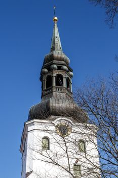 Close up detailed bottom view of the cathedral church of St Mary's located in Toompea Hill, in Tallinn, Estonia, on blue sky background.