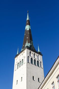 Outside view of St. Olaf Church, on navy blue sky background.