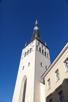 Outside view of St. Olaf Church, on navy blue sky background.