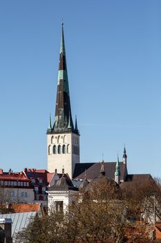 Outside front view of St. Olaf Church, on blue sky background.