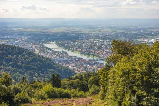 view from Koenigstuhl to Heidelberg city and river Neckar