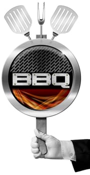 Hand of chef holding a metal barbecue sign with metallic grill and flames, kitchen utensils, fork and two spatulas. Isolated on white background