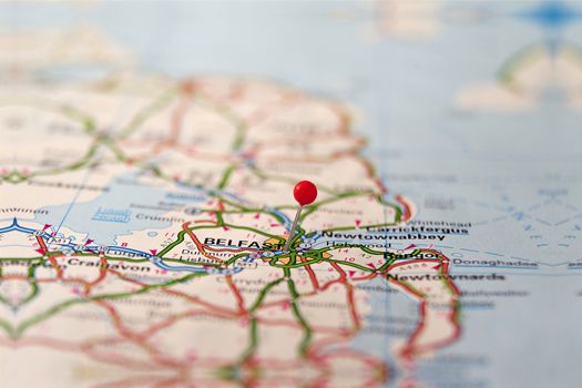 Belfast, travel destination marked with pushpin.