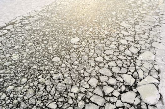 Broken Icy surface caused by ice breaker in frozen water, Stockholm, Sweden