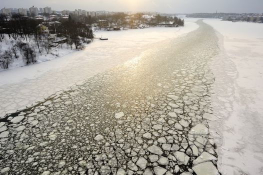 Broken Icy surface caused by ice breaker in frozen water, Stockholm, Sweden