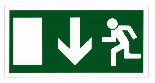 Emergency exit sign isolated on white with clipping path. Photo based, not an illustration.