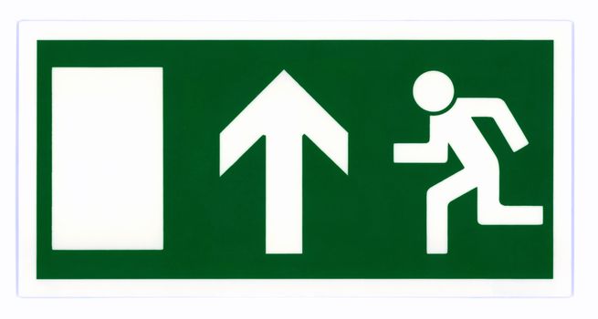 Emergency exit sign isolated on white with clipping path. Photo based, not an illustration.