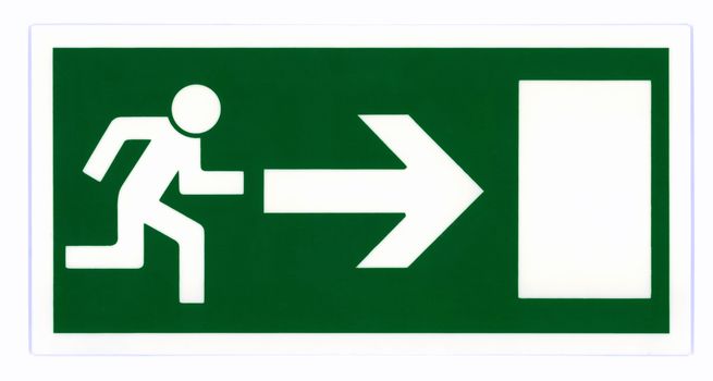 Emergency exit sign isolated on white with clipping path. Photo based, not an illustration.