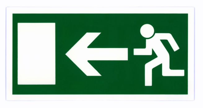 Emergency exit sign isolated on white with clipping path. Photo based, not an illustration.