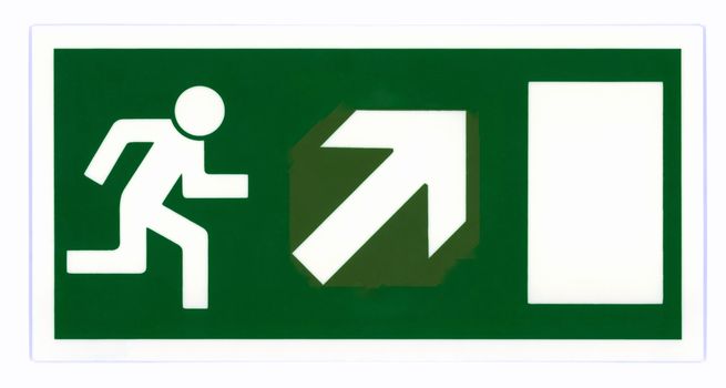 Emergency exit sign isolated on white with clipping path. Photo based, not an illustration.
