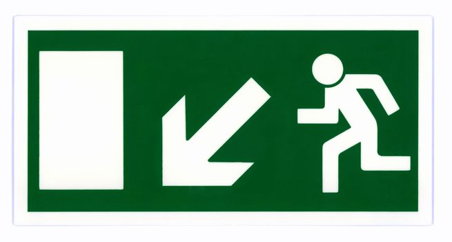 Emergency exit sign isolated on white with clipping path. Photo based, not an illustration.