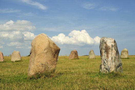 Over the small city Kaaseberga in the Southern part of Sweden stands this Stone Circle Ales Stenar (Ales Stones). The Archeologists can´t figure out wheather it is a Burial ground or the place have had some kind of religious function as a worshipping place.