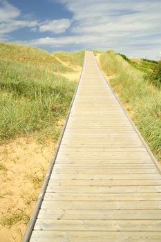A vertical picture of a beach with footprints in the sand leading through a gap in the dunes toward the sea.