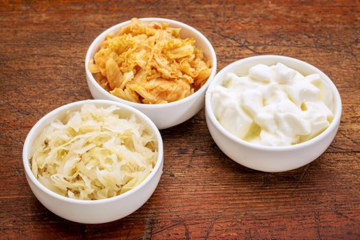 sauerkraut, kimchi and yogurt - popular probiotic fermented food - three ceramic bowl against rustic wood