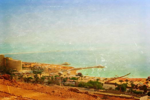 Panoramic view over the Dead sea, Israel. Photo textured in old color image style.