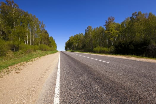   the small rural asphalted road photographed in summertime of year. Belarus