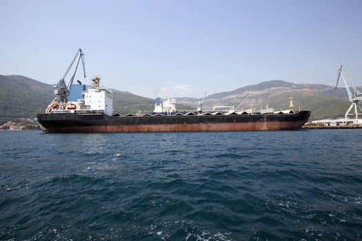   seaport on which mooring there are cargo ships. Montenegro