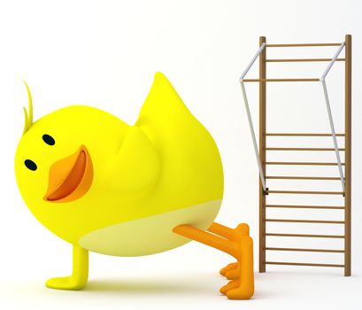 Little chick exercising by doing push-ups - 3D render