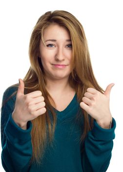 Young woman is showing thumb up gesture, isolated over white
