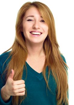 Young woman is showing thumb up gesture, isolated over white