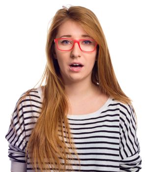 Funny portrait of excited woman wearing glasses eye wear. Young woman making funny face expression isolated on white background