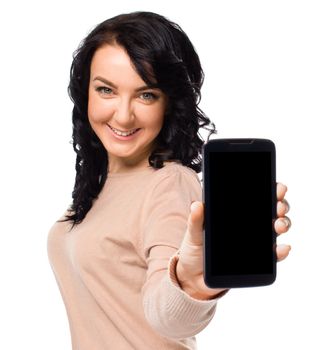 Young woman show display of mobile cell phone with black screen isolated on white