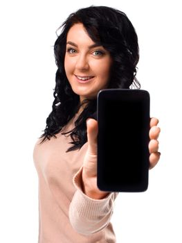 Young woman show display of mobile cell phone with black screen isolated on white
