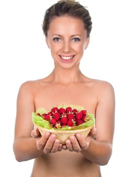 Close up of smiling woman holding raspberries isolated on white