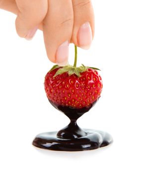 Woman hand holding chocolate-dipped strawberry on the white background