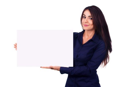 Young beautiful woman is holding blank banner, isolated over white