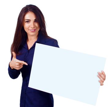 Young beautiful woman is holding blank banner, isolated over white