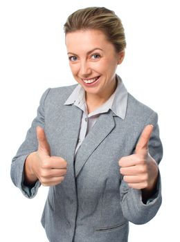 Young businesswoman thumbs up, isolated over white