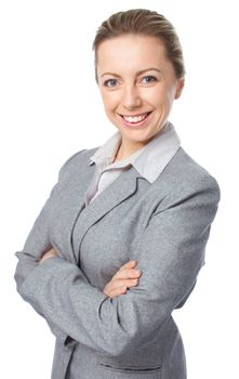 Business woman portrait, crossed arms, isolated on white