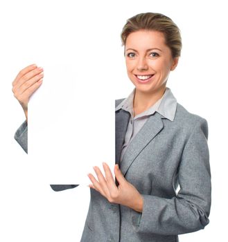 Business woman portrait with blank white banner, isolated over white