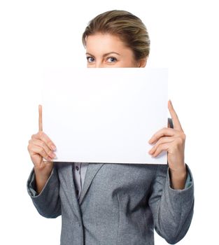 Business woman portrait with blank white banner, isolated over white
