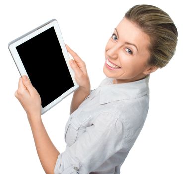 Business woman holding a tablet computer and showing black screen, isolated over a white background