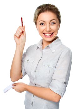 Woman holds pen and notebook isolated over white