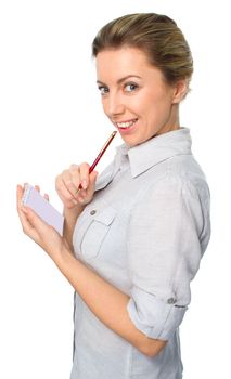 Portrait of  business woman with a notepad, isolated on white background