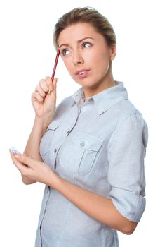 Woman holds pen and notebook isolated over white