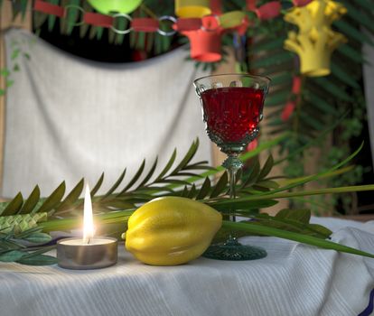 Symbols of the Jewish holiday Sukkot with candle and wine glass