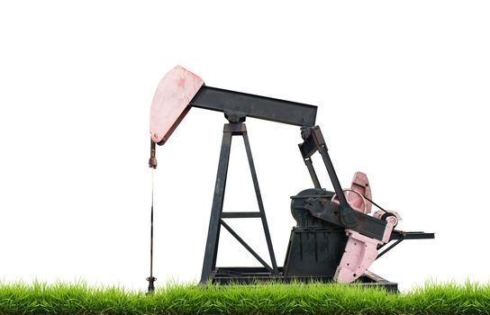 pumpjack with green grass isolated on white background