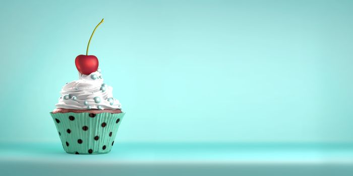 Delicious cupcake topped with a cherry with whipped cream and sweeties. The cherry on the cake metaphor. Copy space.