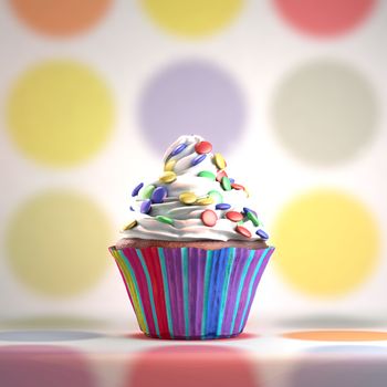 Delicious cupcake with smarties on a whipped cream. Colored disks background.