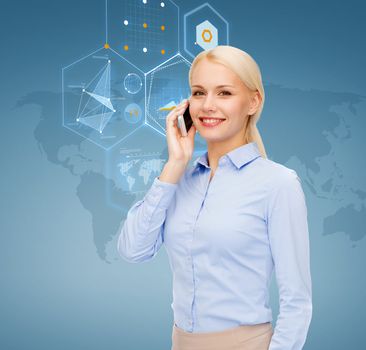 business, technology and internet concept - businesswoman with smartphone over blue background