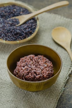 close up of cooked rice and raw Riceberry