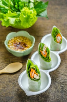 Fresh Spring Roll on white bowl ,  Vietnamese Food