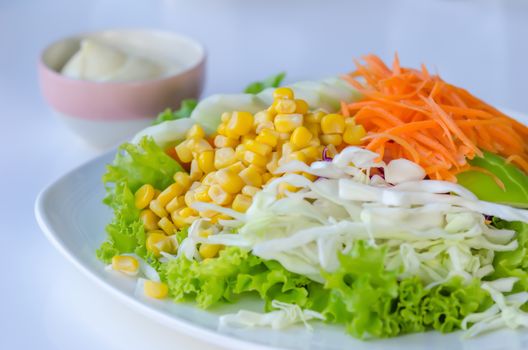 fresh salad with fruits and mixed vegetable on dish served with white cream sauce