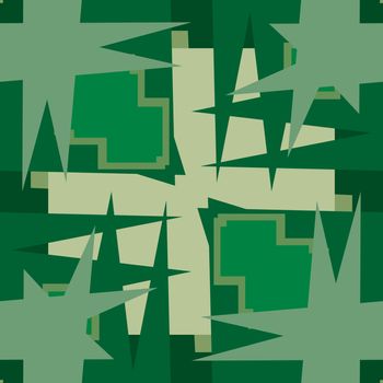 Abstract green shapes with squares and stars in seamless pattern