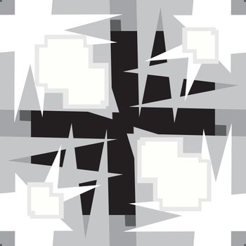 Abstract gray tile shapes with squares and stars in seamless pattern