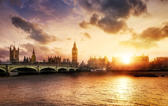 Big Ben and Westminster Bridge at dusk, London, UK